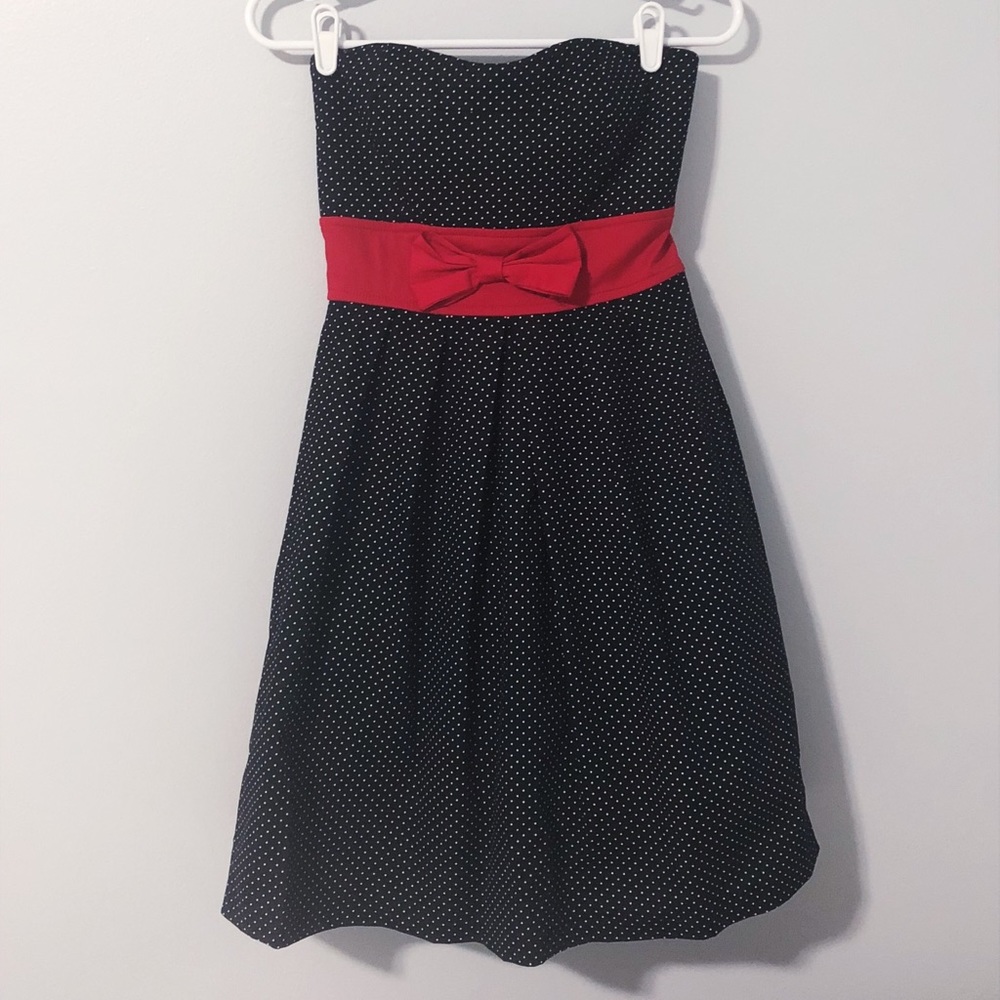 Black and White Polka Dot Party Dress with Red Bow